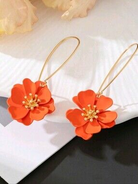 Delicate Orange Flower Drop Earrings with Gold Accents